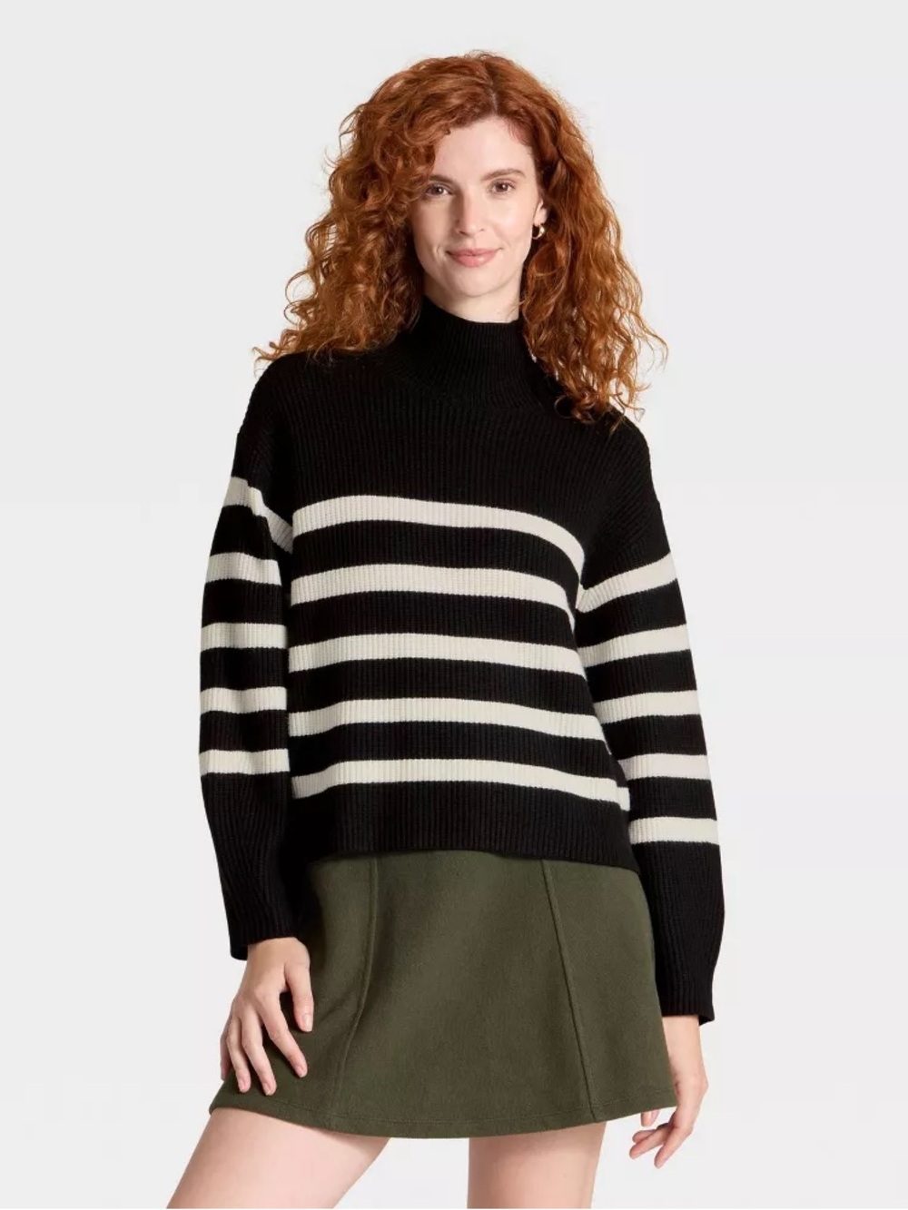 NWT Women's Funnel Pullover Sweater - A New Day L Chic Fall Stripe Black